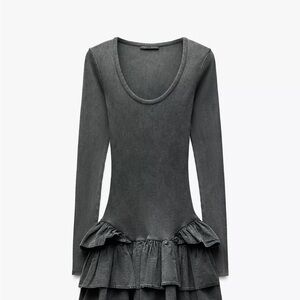 Zara Gray Long Sleeve Acid Wash Effect Mini Dress NWT Size L